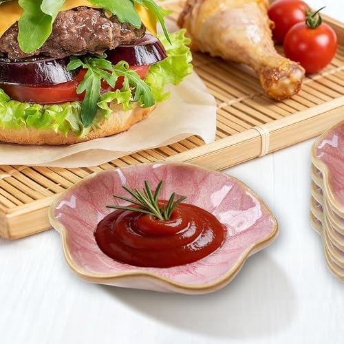 6-Pack Pink Soy Sauce Dishes, 2.5oz Ceramic Dipping Bowls, 4.1in lotus leaf shaped sauce bowls, Small Bowles for Side Dishes, sdipping bowl, dipping plates, Jewelry Tray, Decorative Bowles (6 Pink) - image 2