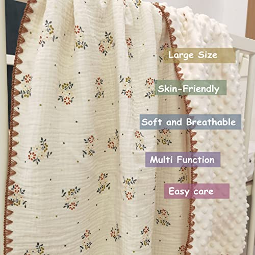Image of Baby Muslin Cotton Thick Blanket Dotted Backing Double Layer Soft Newborn Receiving Blanket 40x40Inch Flower Pattern