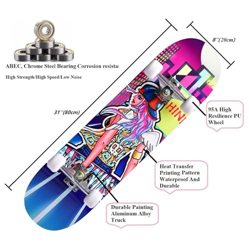 Image of Skateboards for Beginners Kids Boys Girls and Adults,31''x8'', 7-Layer Maple, Double Kick Concave, Fascinating Cool, Solid&Durable