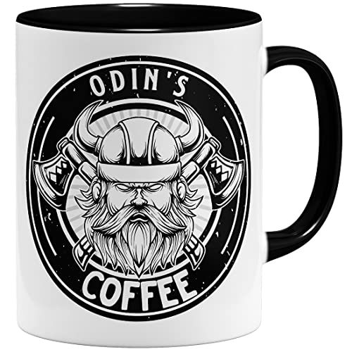 OM3® Odin's Coffee Taza Vikingo Walhalla Guerrero | Taza de cerámica | 11 oz 325 ml | Impreso en ambos lados | Negro
