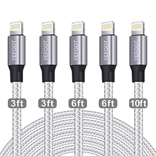 iPhone Charger YEFOOT MFi Certified Cable 5Pack(3/3/6/6/10FT) Nylon with Metal Connector Compatible iPhone 12Pro Max/12Pro/12/11/Pro/Xs Max/X/8 and More-Silver&White