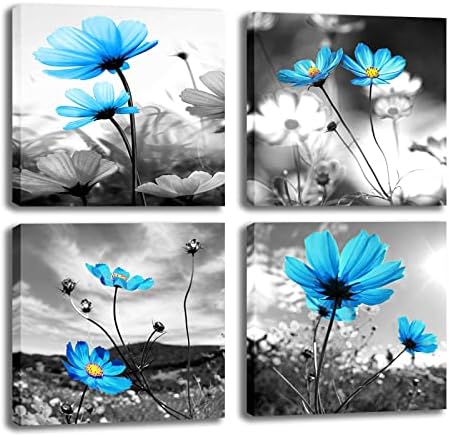 EFASK Floral Prints Blue Flower Pictures - Azure Daisy Wall Art Gray Background Posters 4Pcs Framed 12x12Inches Canvas Paintings Decoration Realistic Nature Artwork For Bedroon Bathroom Office Decor
