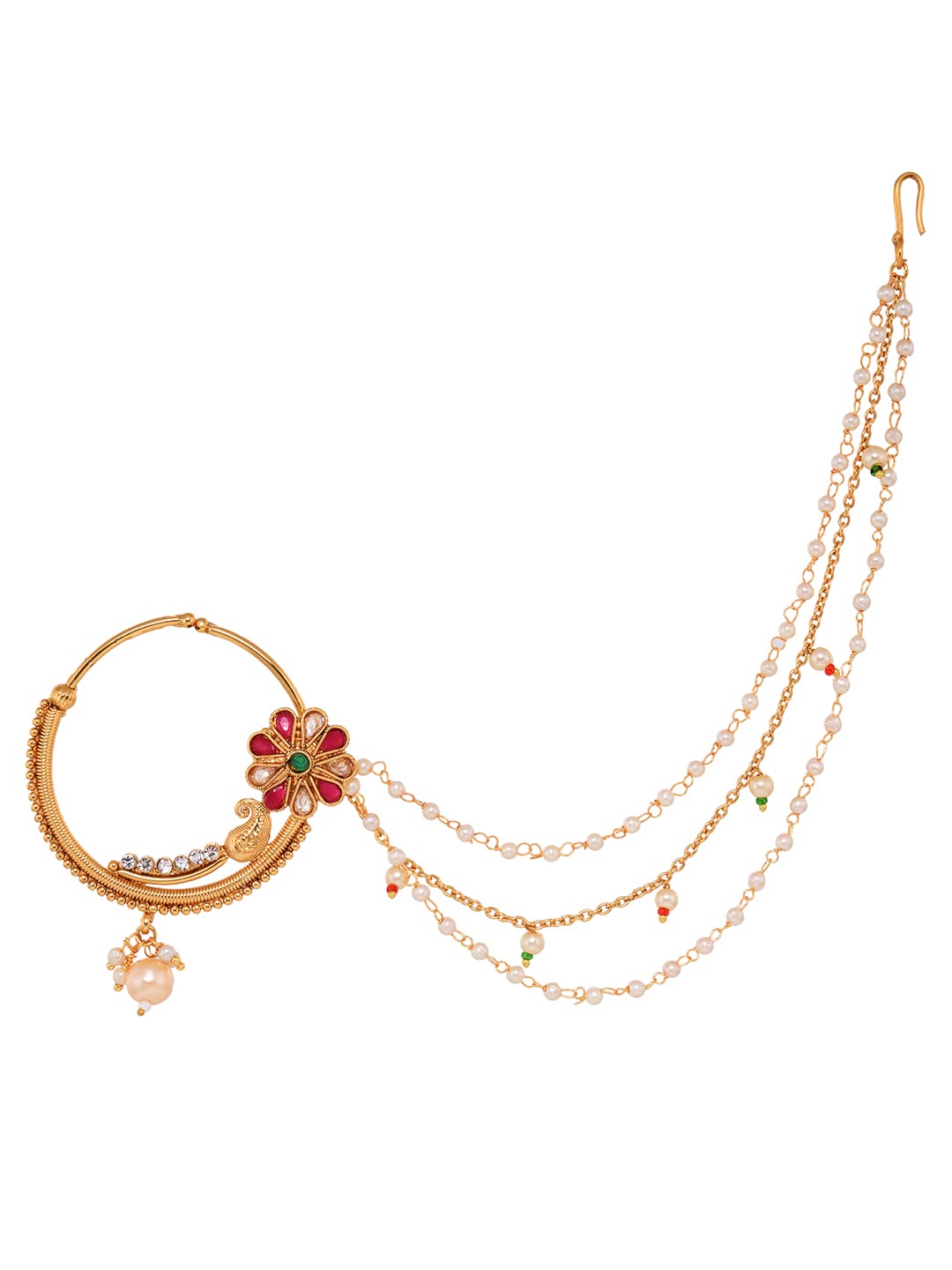 Red & White Pearl Beaded &Studded Bridal Nose Ring-image-36