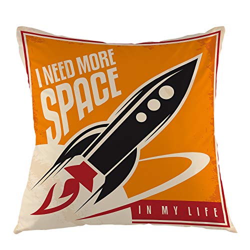 oFloral Rocket - Funda de cojín cuadrada con texto en inglés 'I Need More Space' para decoración del hogar, sofá, coche, dormitorio, sala de estar, 18 x 18 pulgadas, color negro, rojo y amarillo