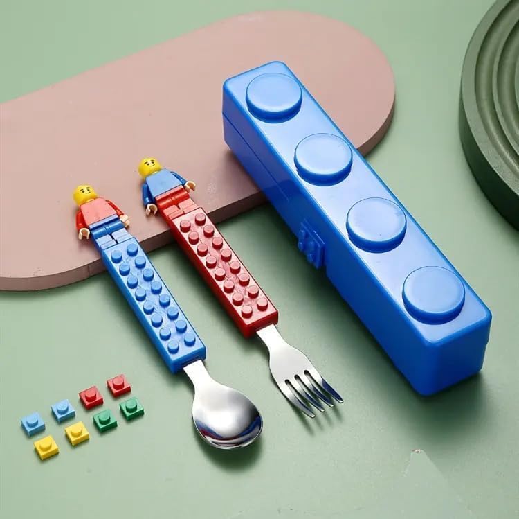 Building Blocks Theme Kids Cutlery Set, Stainless Steel Spoon and Fork with Storage Case-image-13