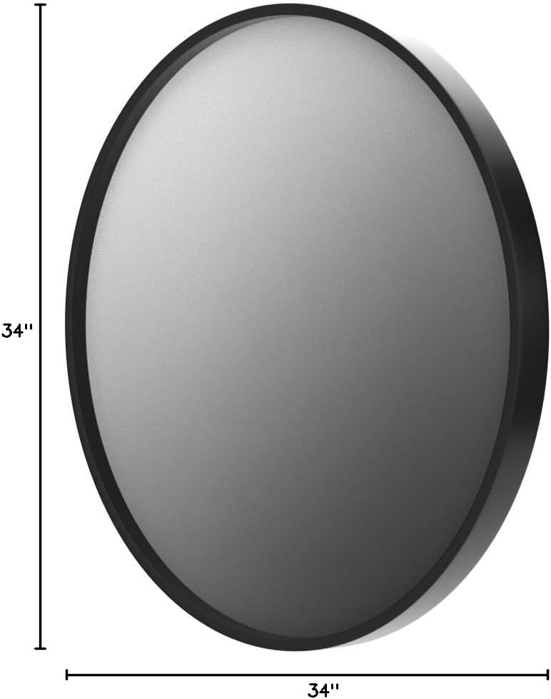 34-Inch Large Circle Mirror Wall Mounted Round Mirror Premium Brushed Metal Coated Frame Black, Glass Panel Circle Deep Set Design for for Washroom, Entryways, Living Rooms
