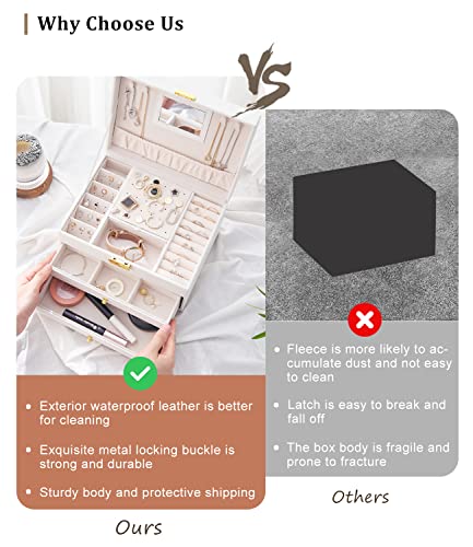 Jewelry Box Organizer For Women Girls, 3 Layer White Pu Leather Jewelry Storage Case With 2 Removable Drawers, Mirror, Key Lock And 4 Pcs Jewelry Bags For Rings, Earrings, Necklace, Bracelet #TOP5
