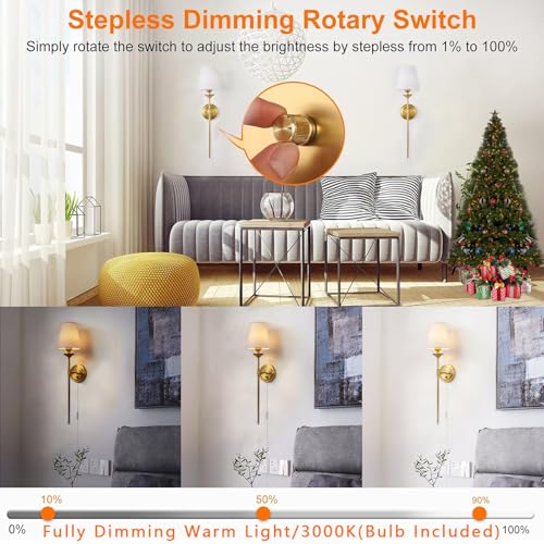 Image of Dimmable Plug in Wall Sconces Set of 2, Gold Bedside Wall Lamp with Knob Dimmer Switch and 6.5FT Electric Cord, Mid Century Modern Bathroom Wall Light Fixture for Bedroom Living Room