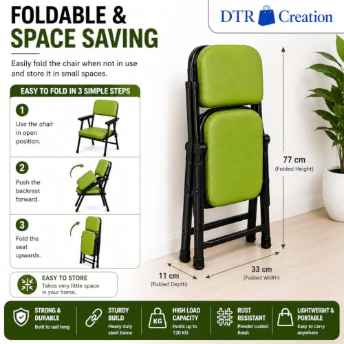 Image of Foldable Cushioned Chair with Armrests | Heavy Duty Metal Frame | Soft Padded Seat & Backrest | Space Saving Folding Chair for Home, Office, Study & Guest Seating | Green