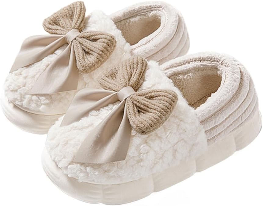 Fuzzy Bow Tie Slippers for Women Closed Back Fluffy House Shoes Winter Indoor Outdoor Slippers