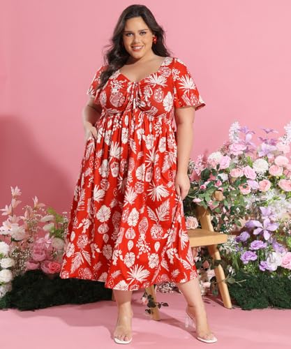 Image of CARCOS Plus Size Dresses for Curvy Women Tie Sweetheart Neck Summer Maxi Dress Short Sleeve Empire Waist Floral Boho Dress