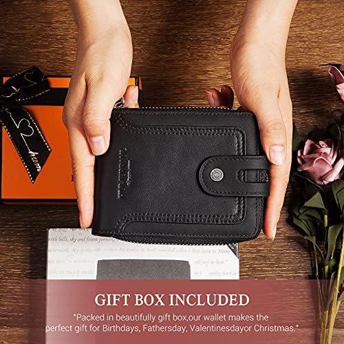 HUMERPAUL Mens Wallet Genuine Leather RFID Blocking Zipper Bifold Wallets with ID Window Card Case Hasp Zip Coin Pocket (Black)