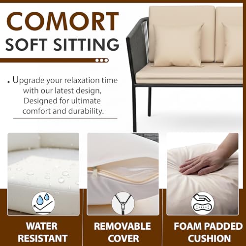 Image of OUTLIVING Braid & Rope 4 Seater Garden Patio Seating Chair and Table Set Outdoor Balcony Garden Coffee Table Set Furniture with 1 Table and 4 Chairs Set with Cushion (Grey)
