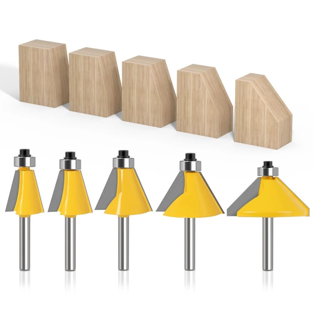 5 szt. 6 mm 8 12 1/4′′ 1/2′′ Trzpień duży 11,25, 15, 22, 30, 45 stopni fazowanie i krawędzi frezy do drewna(5PCS 8mm Shank)