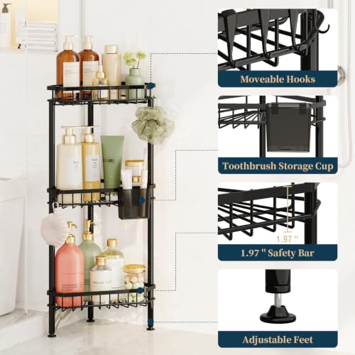Consumest-Corner-Shower-Caddy-Stand-Rustproof-Bathroom-OrganizerStorage-3-Tier-Shower-Shelves-for-Inside-Shower-Stainless-Steel-Corner-Shelf-with-Soap-Holder-4-Hooks-Brush-Holder-Black