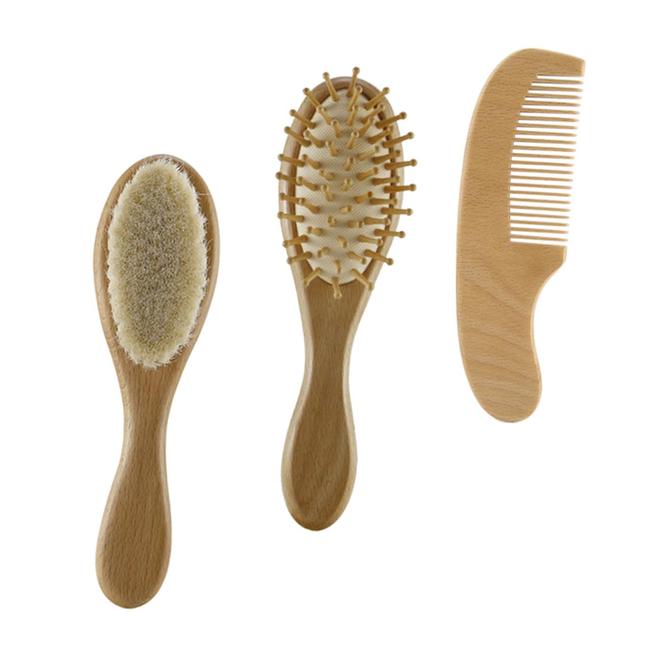 GOOHOCHY Infant Hair Brush Set Soft Wool Brush Wooden Comb for Baby's Gentle Scalp