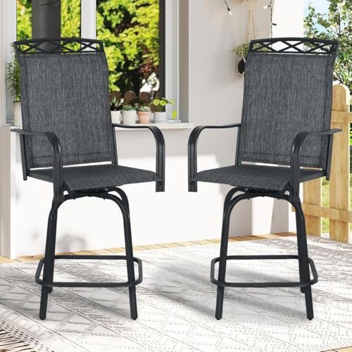Image of Outdoor Swivel Bar Stools Set of 2, 26.6 inch Seat Height Patio Bar Chairs, Counter Height Outdoor Chairs with Cooling Fabric for Garden, Patio, Deck, Gray