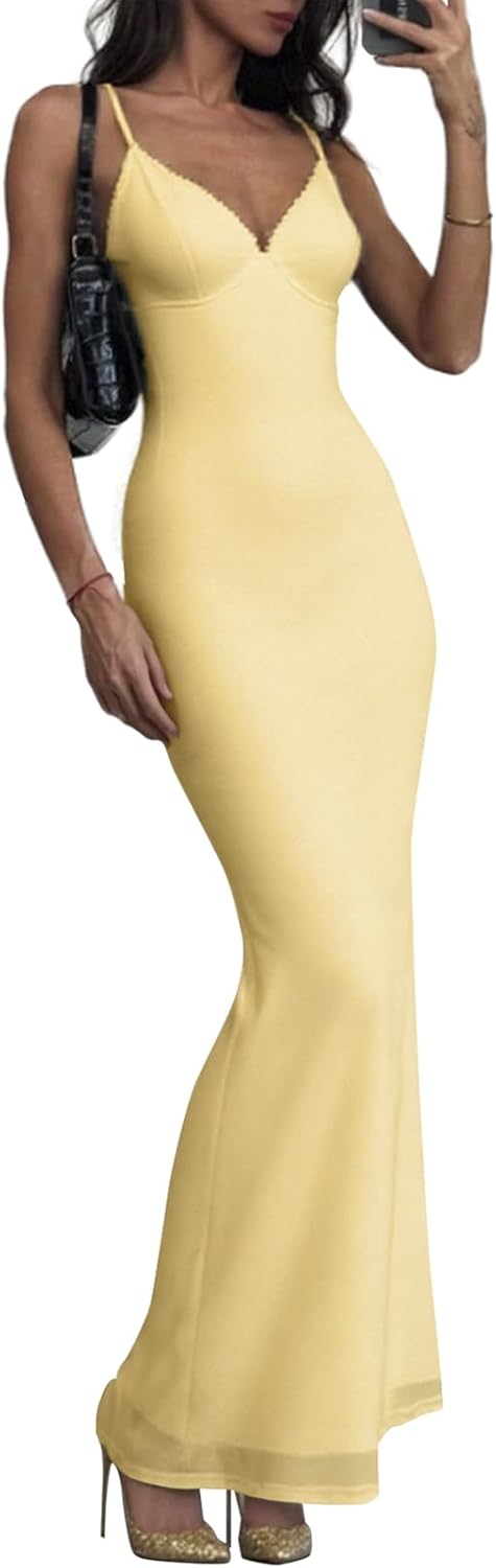 Women Sexy Spaghetti Strap Maxi Dress V Neck Lace Trim Mesh Night Club Party Bodycon Long Dress