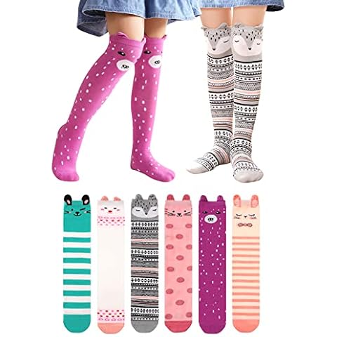 Girls Knee High Socks Cartoon Animal Warm Cotton Stockings Mid Calf Long Boot Socks for Kids 6 Pairs (Animal G) Cover