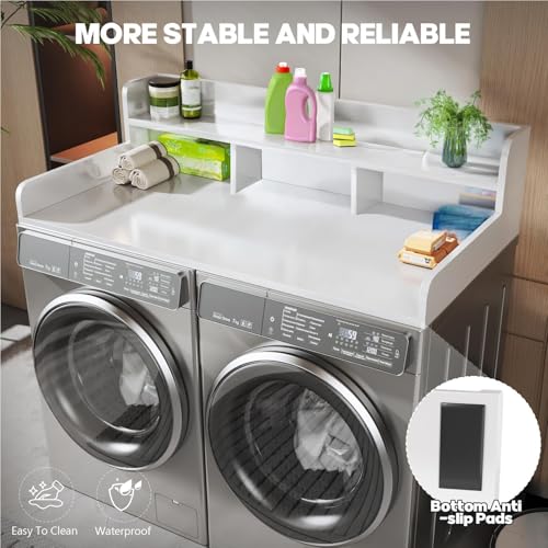 CuisinSmart Washer Dryer Countertop with 2-Tier Shelf, Wood Laundry Countertop Over Washer and Dryer with Edge, 54" Width x 27.5" Depth Laundry Hamper Table Top Storage Organization White