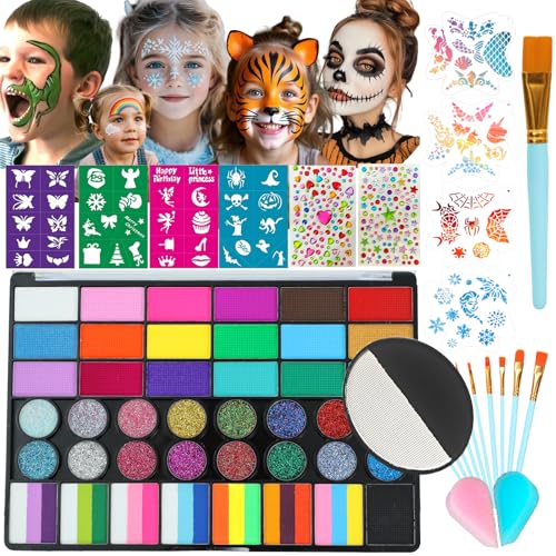 Image of Face Painting Kit , 42 Colors Professional Face Paint Makeup Kit Non-Toxic Water Activated Facepaint Palette with Brush, Stencil, Sponge, Gem, for Party Halloween (42 Colors kit+Black White)