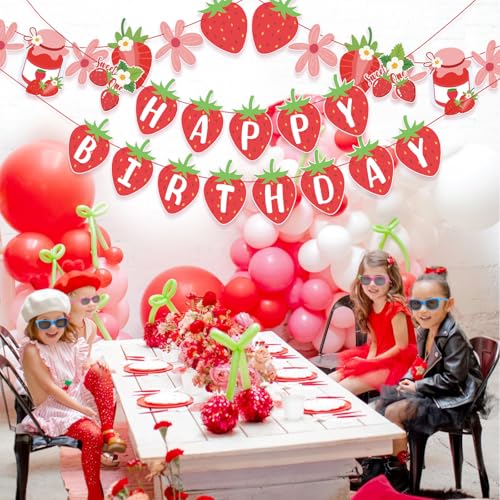 Image of SUNBEAUTY Strawberry Happy Birthday Banner, Berry Sweet Red Fruit Party Hanging Banner, Strawberry Birthday Decorations for Girls 1st Birthday Baby Shower Party Decoration | Pre-Strung