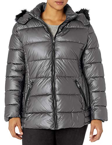 Nanette Lepore Women's Puffer Jacket with Faux Leather, Titanium, Medium