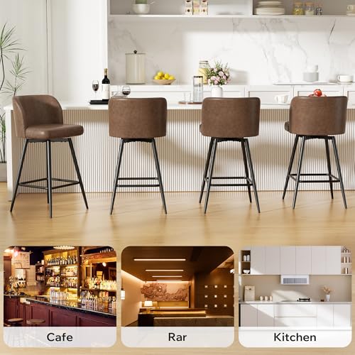 Image of Swivel Bar Stools Set of 6, 26 inch Counter Height Bar Stools with High Back and Metal Legs, Faux Leather Bar Chairs, Modern Barstools for Kitchen Island, Brown