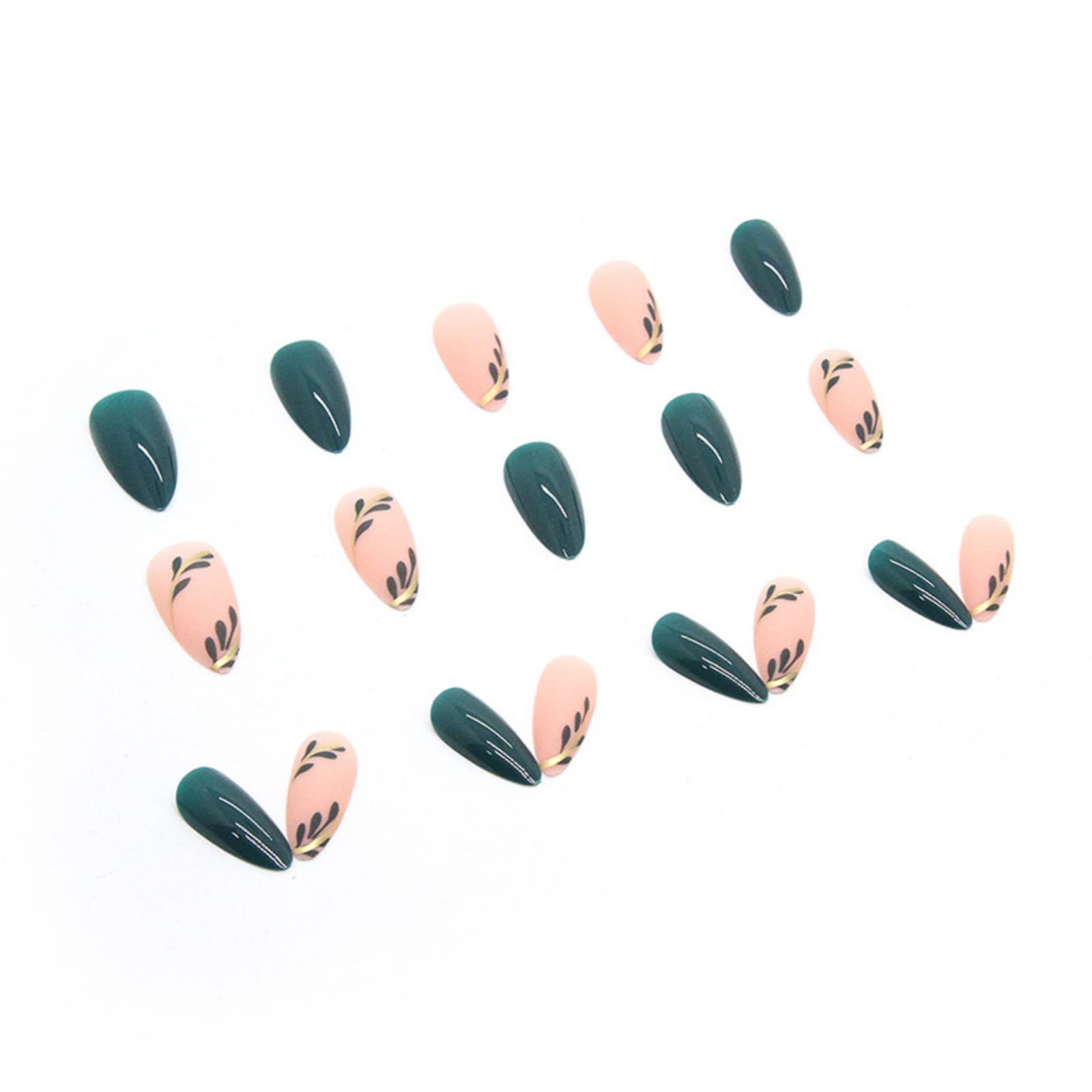 JUSTOTRY 24 Pcs Almond Press on Nails with Leaves Designs,Dark Green French False Nails Short,Pretty Stick on Nail for Women,Medium Oval Fake Nail for Nails Art - Image 2