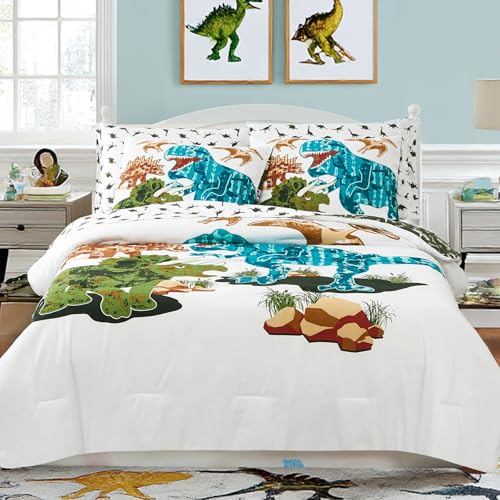 Twin Comforter Set for Boys-5 Pieces Dinosaur Glow in The Dark Twin Bedding Sets for Kids, Ultra Soft Bed in A Bag with Sheets
