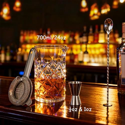 Professional 24 Oz Cocktail Mixing Glass Set - Thick Bottom Crystal Clear Bar Tools with Strainer, Jigger (15/30ml), Spoon & Recipe Guide - Thumbnail 3