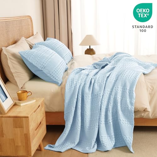 Image of PHF 100% Cotton Waffle Throw Blanket for Couch, Lightweight Breathable and Soft for Summer, Luxury Aesthetic Waffle Weave Blanket for Home Decor & Office, Gifts for Women, 50 inchx60 inch, Baby Blue