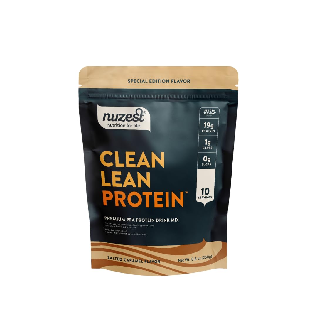 NuzestPea Protein Powder - Clean Lean Protein, Premium Vegan Plant Based Protein Powder, Dairy Free, Gluten Free, GMO Free, Protein Shake (8.8 Ounce (Pack of 1), Salted Caramel)