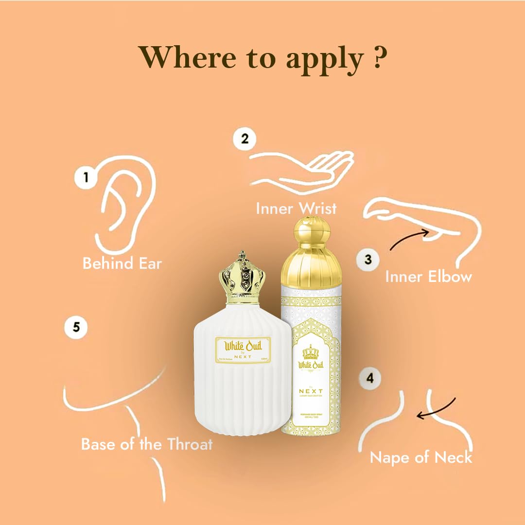 Next Care White Oud 100ml Perfume & 200ml Deodorant Combo | Long-Lasting Fragrance with Agarwood, Magnolia | Unisex Oud Perfume & Deo Set for Men & Women | Deodorant for men and women 3
