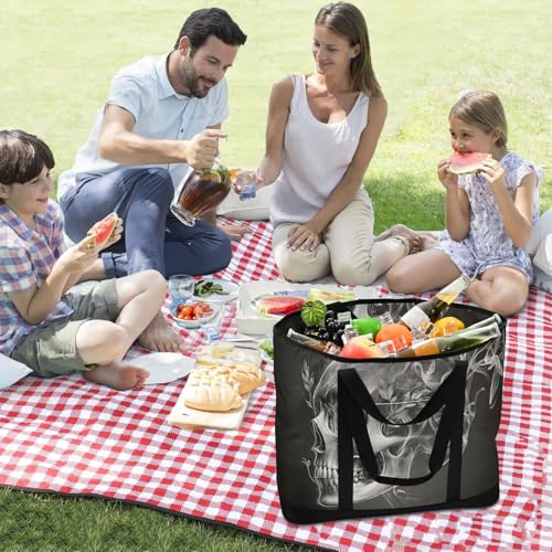 Skull Abstract Black Large Insulated Reusable Tote Bag for Grocery Shopping for Women Men, Cooler Bag with Zippered Top & Handles for Travel Beach Picnic3