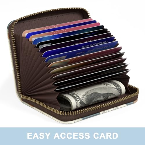 Image of Aiawoxc Credit Card Holder, Small RFID Wallet Slim Leather Card Organizer Case with Zipper and Wristlet Strap, Abstract Boho Leaf