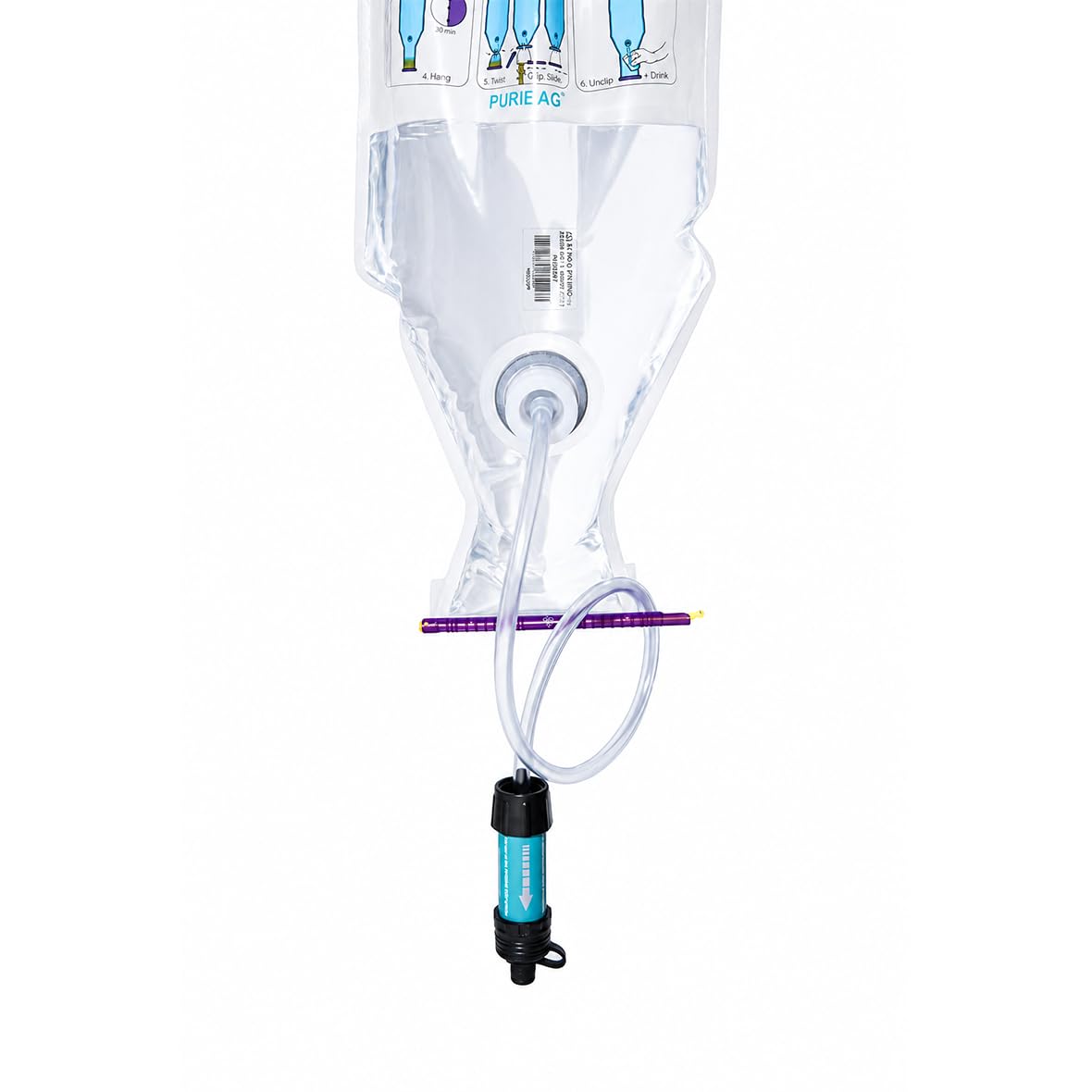 PURIBAG Système Professionnel Filtre à Eau par gravité - Système de Filtration d'eau Portable 4 en 1 pour Sac à Dos, Camping et Urgence - S'accroche n'importe où, Filtre l'eau