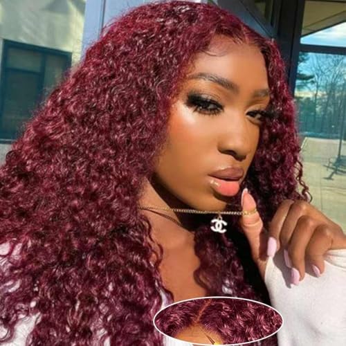 Image of Srakuw Wear and Go Glueless Wigs Human Hair Pre Plucked Pre Cut 99j Burgundy Lace Front Wigs for Black Women 180 Density Water Wave Wig Colored Human Hair Curly Wig (99j Burgundy Color, 20 Inch)