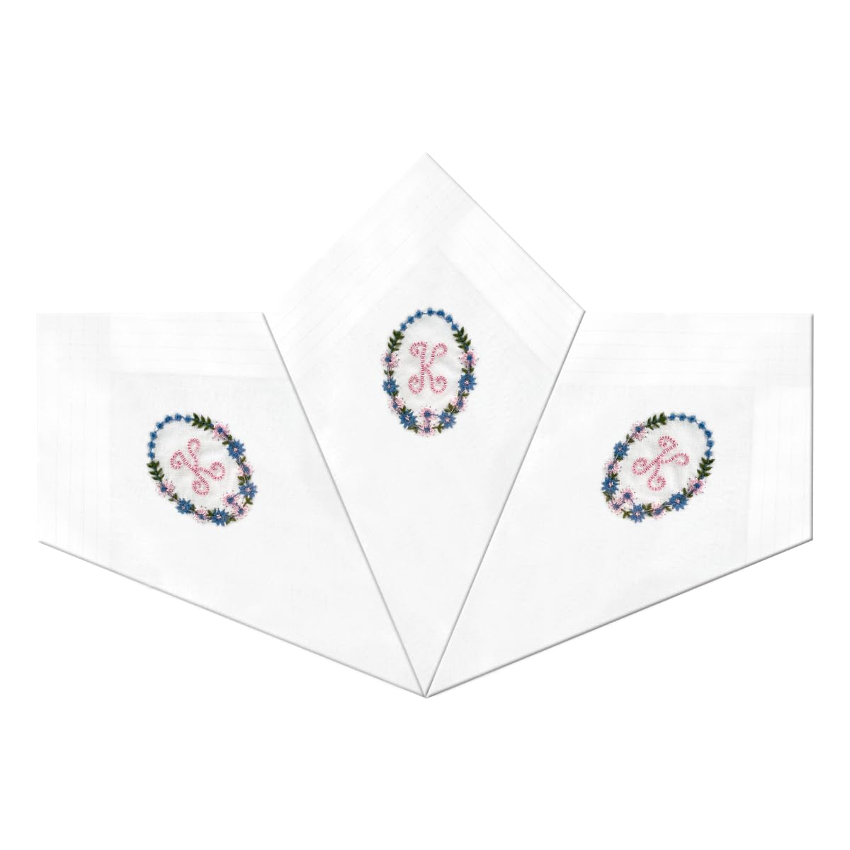 Warwick & Vance Women's White 3 Pack Of / Satin Bordered Handkerchiefs With Floral Embroidered Initials, Letter K