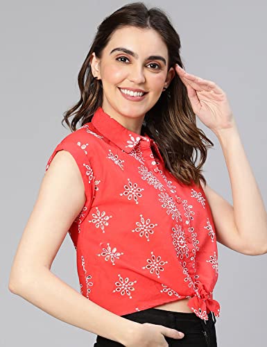 Image of oxolloxo Women Floral Print Tie-Knotted Cotton Shirt