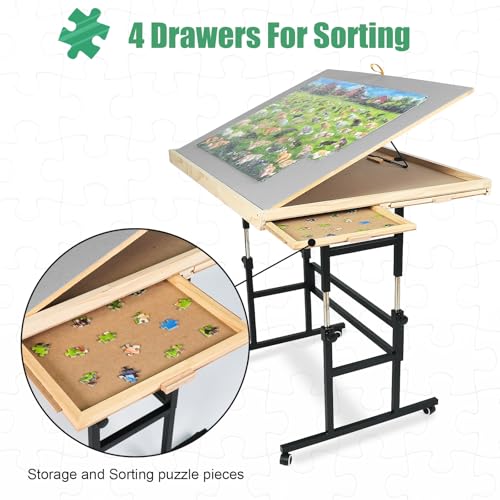 Image of ALL4JIG 1500 Piece Puzzle Table with Legs, 24.53 inchx33.19 inchAdjustable Puzzle Table, 3-Tilting-Angle Portable Wooden Puzzle Board with 4 Drawers&Cover,Drafting&Laptop Table for Couch,for Lego Building