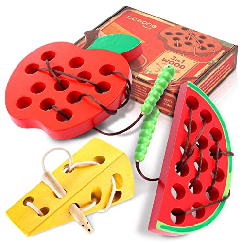 Image of KLT Lacing Toy for Toddlers, Wooden Threading Toy Kids Travel Car Airplane Activities, Road Trip Essentials Games, Educational learning Fine Motor Skills Montessori Toys 1 Apple,1 Watermelon, 1 Cheese