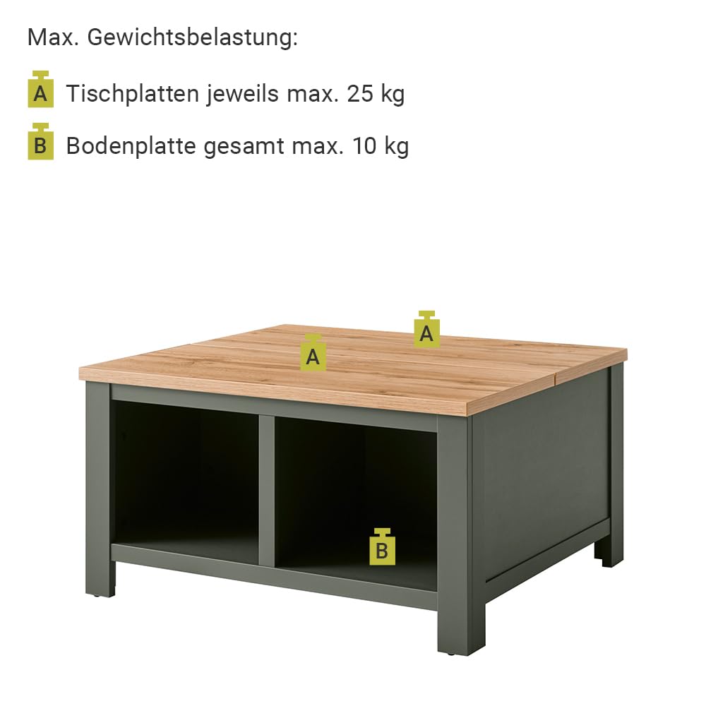 Lomadox Landhaus Wohnwand Komplett Set mit Anrichte & Couchtisch, englisch grün mit Wotan Eiche, mit Beleuchtung