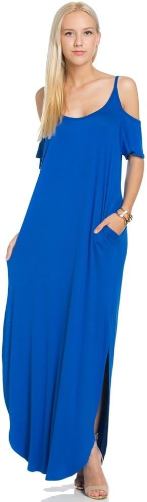 Women's Jersey Cold-Shoulder Maxi Dress w/Pocket -Made in USA (Large, Royal Blue)
