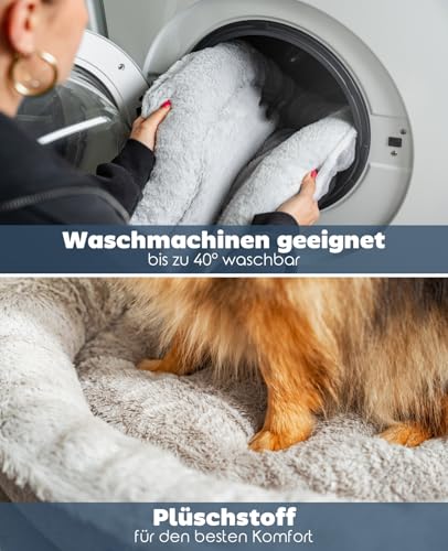 lionto Hundekörbchen rund in Donut-Form, Ø 65 cm, Heimtierkissen für Hunde & Katzen mit waschbarem Bezug & Anti-Rutsch-Noppen, kuscheliges Hundebett aus Oxford-Leinen & Plüsch, grau