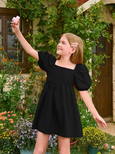 Haloumoning Girls Summer Dress Kids Square Neck Puff Sleeve A-Line Smocked Mini Dresses 5-14 Years3