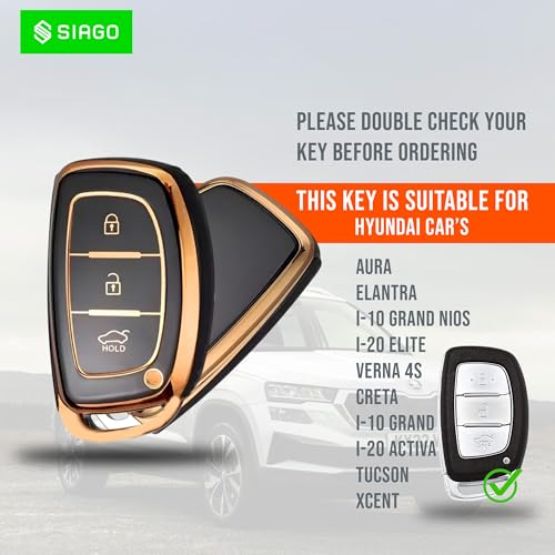 Image of SIAGO SIA348 TPU Key Cover and Metal Keychain Compatible for Hyundai Aura Elantra I.10 Grand Nios I.20 Elite Verna 4S Creta I.10 Grand I.20 Activa Tucson Xcent 3 Button Smart Key (Black Pack of 1)