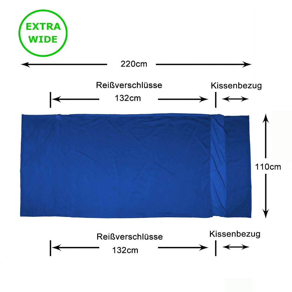 BROWINT Schlafsack Inlett aus Seide/Baumwolle, Reiseschlafsack mit Doppeltem Reißverschluss und Kissenfach, 220cm X 110cm Extrabreite Hüttenschlafsack für Hostels, Lnlay Leicht, Kompakt & Atmungsaktiv