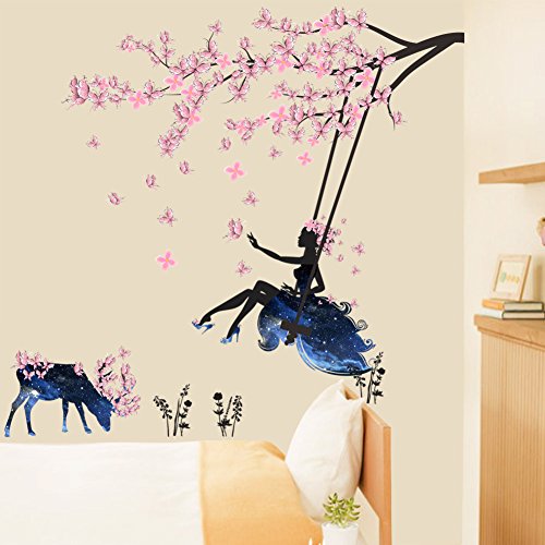 Swinging Girl Deer Butterfly Wall Sticker Flower Fairy On The Swing Wall Decal, Peel And Stick Removable Flower Girl Wall Stickers Wall Mural For Girls Nursery Bedroom (Flower Fairy On The Swing) #TOP2