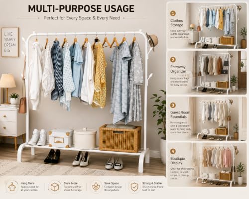 Image of Metal Multifunctional Heavy-Duty Quality Garment Stand Cloth Rack Freestanding Storage Organizer with Bottom Shelves Adjustable Folding Single Pole for Living Room (White)